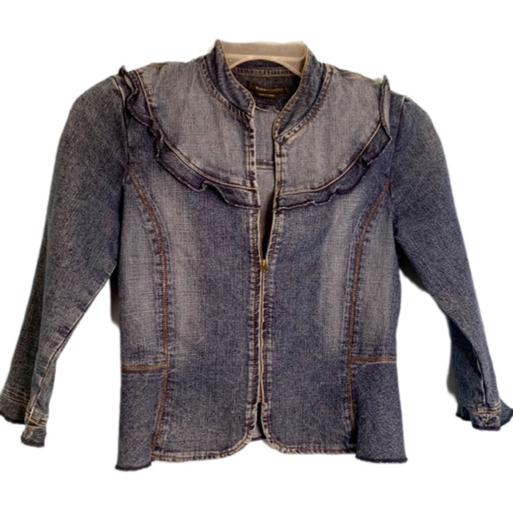 BCBGMAXAZRIA fitted jean jacket  zipper ruffle detail around neck and sleeve S - Picture 1 of 10